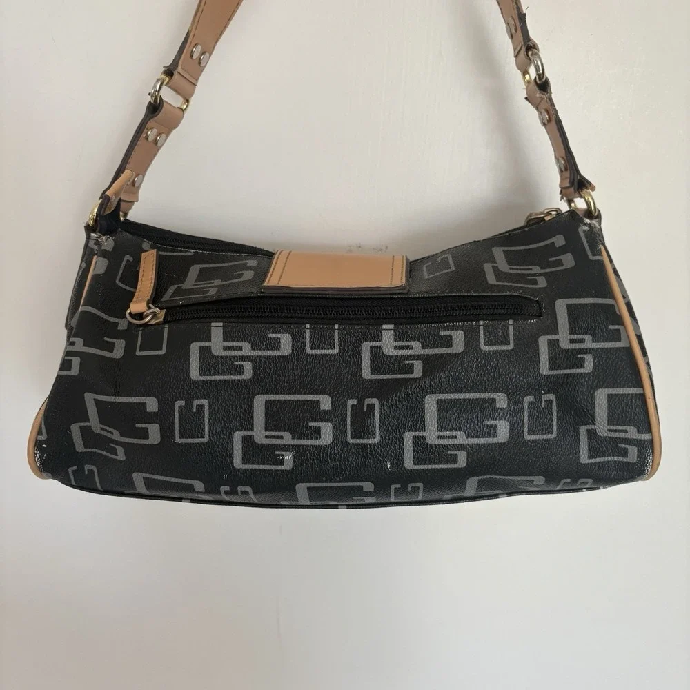 Guess Monogram Y2K 2000's Vintage Shoulder Handbag Purse Black Synthetic Leather